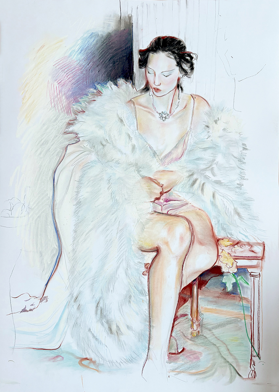 Illustration of woman wearing fur coat from Dior collection